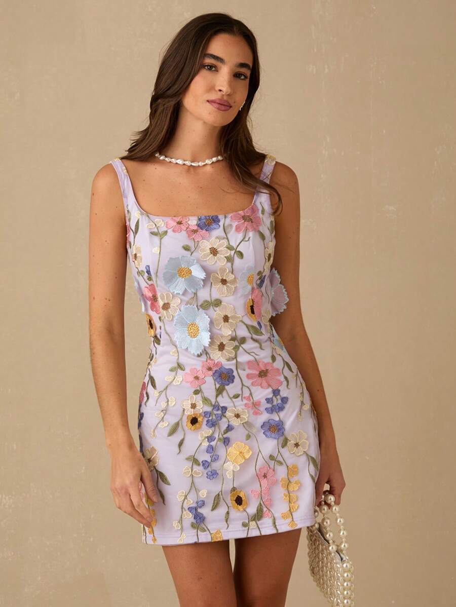 Enchnt Váy ngắn không tay cổ vuông dễ thương, màu tím pastel lãng mạn dành cho nữ, thêu hoa 3D, ngọt ngào và thanh lịch, thích hợp cho kỳ nghỉ, hẹn hò, ngày lễ, tiệc tùng, tốt nghiệp và khách dự tiệc cưới, bãi biển, váy dạ hội, váy mùa hè cho nữ, váy chống nắng cho nữ, quần áo mùa hè, váy thanh lịch cho tiệc tùng - Màu tím hoa cà - Xem 1