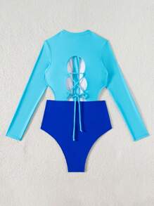 Swim SPRTY Contrast Color Hollow-Out One-Piece Swimsuit Surf Suit For Vacation/Beach For Summer - Blue - View 4