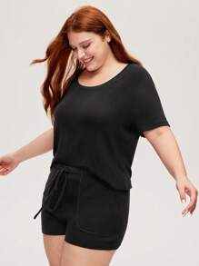 LUVLETTE Relaxed sitzende, super weiche schwarze elastische gerippte Basis Lässig-Sporty Crew Neck Kurzarm-Oberteil & Shorts Loungewear luftige Pyjama-Set Sport Lässig Komfort Outfits Active Hose mit Taschen Lingerie als Oberbekleidung
