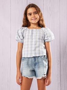 SUMWON 泡泡袖纽扣前方领格子夏季春季衬衫上衣节日校服女孩青少年周末装