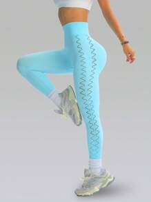 Easithlete Solid Color Seamless Hollow High Waist Sports Leggings - Blue - View 5