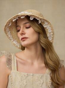 MOTF PREMIUM SUMMER RETRO LACE FLORAL STRAW SUN HAT - Beige - View 1