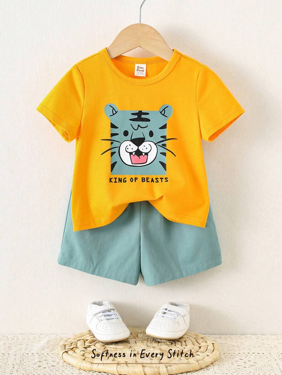 Cozy Pixies 2 Stücke Baby-Set mit Cartoon-Tiermuster und weichem Rundhalsausschnitt, kurzärmeligem Oberteil und Shorts mit elastischer Taille