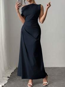 Firerie Women's Elegant Simple Casual Commute Romantic Charm Fashion Urban Modern Twist Shoulder High Waist A-Line Long Apricot Dress Business Casual Woman