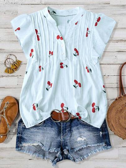 Linhara Blusa casual de vacaciones con estampado de cerezas y volantes para mujeres de talla grande