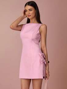 Enchnt Spring/Summer Romantic Women's Pink Side Bowknot Decor Boat Neck Sleeveless Cute Mini Dress,Sweet&Elegant For Vacation&Date&Holiday&Party&Graduation&Wedding Guest,Prom Dress,Summer Dresses For Women,Sun Dresses For Women,Summer Clothes