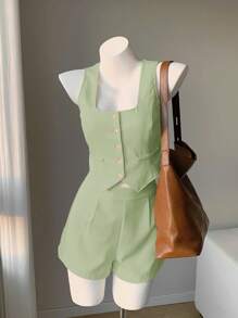 Comfortcana Women 2pcs Set Light Green Open Front Single-Breasted Vest And Shorts - Mint Green - View 4