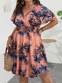 Franclia Vestido informal casual de talla grande para mujer con estampado de plantas tropicales y cinturón, ropa de resort
