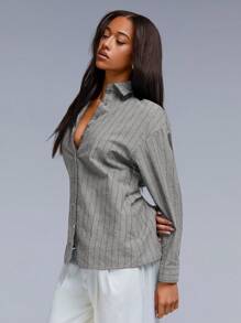 Athîral Damen Mode Pendler gestreiftes Rückenfrei Bluse mit Schleife vorne - Grau - Übersicht 5