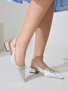 CUCCOO CHICEST Women's Pointed Toe Square Chunky Heel Elegant Romantic Silver Satin Bowknot Slip On Party Wedding High Heels - Silver - View 8