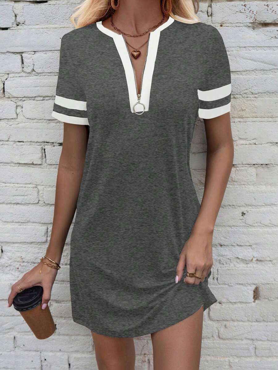 SHEIN LUNE Summer Short Casual Color Block Short Sleeve Dress