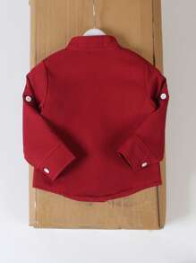 SHEIN 1pc Toddler Infant Baby Boy Chinese Collar Wine Red  Woven Shirt With Pocket Mountain Embroidery, Suitable For Autumn/Winter Neutral Baby Clothes Baby Boy Shirts Shirt For Baby Boy Neutral Color Baby Clothes - Burgundy - View 2