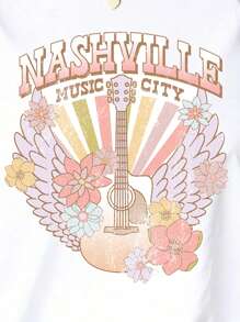 Plus Size Women Floral & Letter Print Short Sleeve Casual T-Shirt - White - View 3