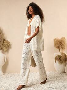 EURMUSE Bộ đồ kimono và quần dài tay ba phần tư đan móc Vcay cho nữ - trắng - Xem 4