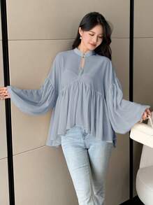 DAZY Women's Solid Color Standing Collar Long Sleeve Pleated Casual Vacation Blouse, Spring/Summer