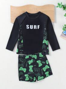 SHEIN Young Boys' Hazy Blue Print Swimsuit Top With Printed Front Panel And Random Print Swim Shorts, 2 Pieces Set