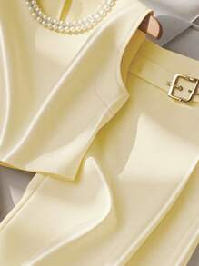 SHEIN Clasi Women's Faux Pearl Decor Crew Neck Sleeveless Top And Midi Skirt Elegant 2-Piece Set - Yellow - View 3