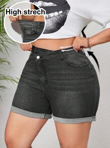 SHEIN CURVE+ Pantaloni scurți pentru femei, de mărime mare, denim albastru, cu talie asimetrică - Gri - Vizualizare 1