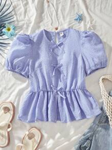 Blusa de línea A con manga corta a cuadros dulce y linda, ropa casual de vacaciones, vestimenta de verano para niña con lazo