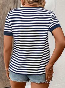 SHEIN VCAY Plus Size Women Fashion Casual Striped V-Neck Short Sleeve T-Shirt - Navy Blue - View 2