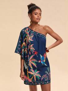 Travachic 度假海滩热带印花不对称肩迷你连衣裙 - 藍色 - 查看 3