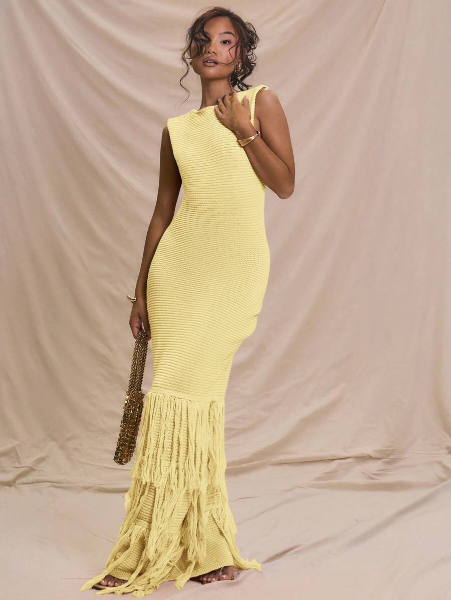 MUSERA Sleeveless Ribbed Maxi Dress Fray Hem Detail Summer Holiday Vacation Sweater Dress Ibiza Wedding Guest Night Out Fall Autumn Winter Date Night Fall Winter Christmas Chic - Yellow - View 1