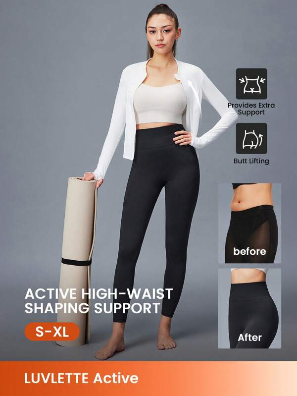 LUVLETTE Damen schwarze Leggings mit breitem Bund für Yoga, Fitness, Aktiv-Gym