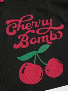 ROMWE Kawaii Women Summer Cherry Print Contrast Lace Cami Top & Shorts Two Pieces Outfits For Daily Wear - Black - View 5