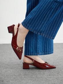 CUCCOO BIZCHIC 4厘米高跟女士专业优雅酒红色扣饰高跟凉鞋，带踝带，夏季适用