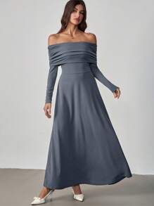 SHEIN Tall Vestido largo con hombros al descubierto, manga larga, unicolor y pliegues elegante para mujer, otoño, nuevo para el Día de San Valentín y Año Nuevo - Gris - Ver 3