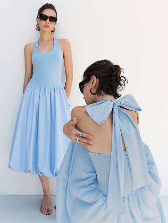 LYSMO 2025 新款春夏女式露背 A 字形荷叶边中长连衣裙，简约休闲，性感风格