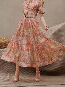 Anewsta Bohemian Floral & Geometric Print High Waist A-Line Skirt For Women, With Pearls, Rhinestone Belt, Casual Elegant Beach Festival Holiday Vacation