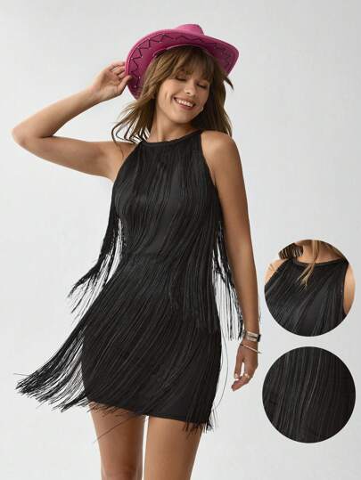 Wildy Vestido corto de verano estilo occidental informal con cuello de halter, flecos y estilo bohemio, hippie y chic para mujeres, atuendo para festivales de música y conciertos, vestidos de verano con estilo Y2K