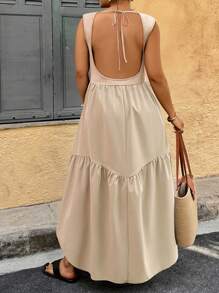 Breezaya Đầm hở lưng không tay màu trơn cỡ lớn hở lưng xếp nếp - Màu Khaki - Xem 3