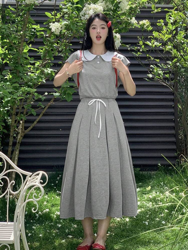 2pcs/Set Women/Teen Girls Casual Short Sleeve Grey Outfit Set