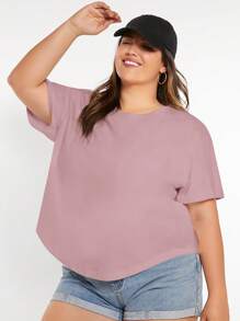 SHEIN BASICS Áo thun tay ngắn màu trơn thường ngày cỡ lớn, đa năng cho mùa hè - Màu tím - Xem 1