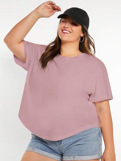 SHEIN BASICS Plus Size Casual Solid Color Short Sleeve T-Shirt, Versatile For Summer Purple