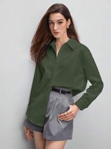 BizChic 女士纯色翻领开衫长袖清爽衬衫，基本款都市通勤风格，简约优雅时尚商务休闲，适合教师和办公室穿着 - 綠色 - 查看 9
