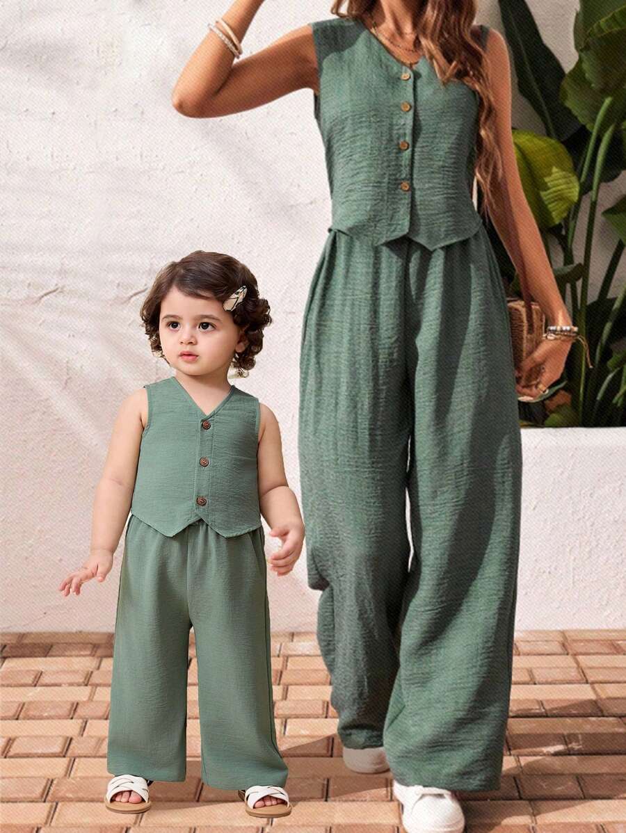 Baby Girl Cute Sleeveless Top And Elastic Waist Pants 2 Pieces Set, Green, Summer - Green - View 1
