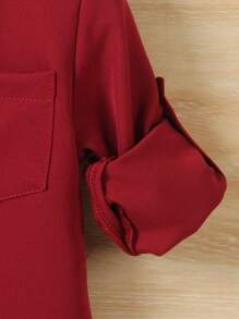 SHEIN 1pc Toddler Infant Baby Boy Chinese Collar Wine Red  Woven Shirt With Pocket Mountain Embroidery, Suitable For Autumn/Winter Neutral Baby Clothes Baby Boy Shirts Shirt For Baby Boy Neutral Color Baby Clothes - Burgundy - View 5