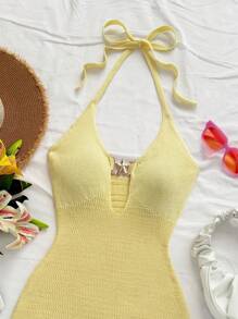 Soleia Women's Resort Moss Green Halter Backless Cutout Metal Starfish Knitted Mini Dress With Ruffles - Mustard Yellow - View 3