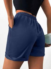 EURMUSE Solid Color Casual Drawstring Waist Shorts With Pockets, Suitable For Summer - Navy Blue - View 2