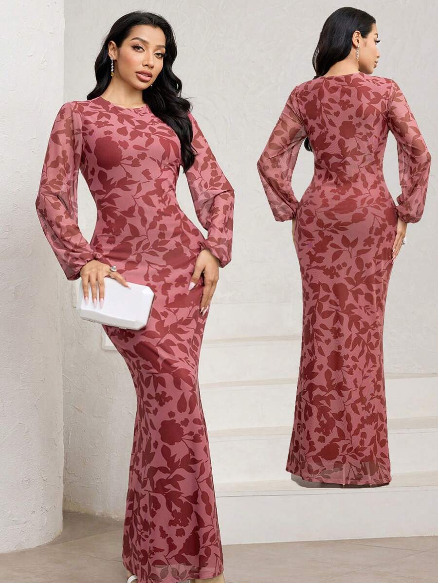 Veilorie 女士植物印花圆领灯笼袖修身优雅长裙 - 彩色 - 查看 1