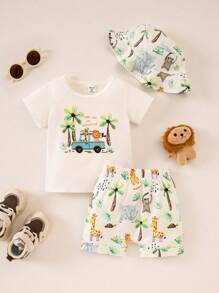 SHEIN Playful Pals Set 2 Potong Baju Hoodie Lengan Pendek dan Celana Pendek Bermotif untuk Bayi & Balita Laki-laki, Musim Semi/Panas - MultiWarna - View 3