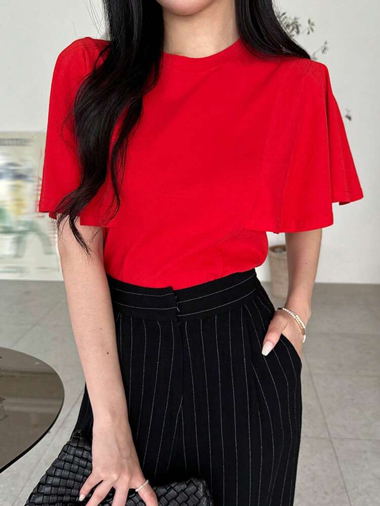 Women's Round Neck Batwing Ruffle Sleeve Loose Casual Red Short Sleeve T-Shirt, Summer