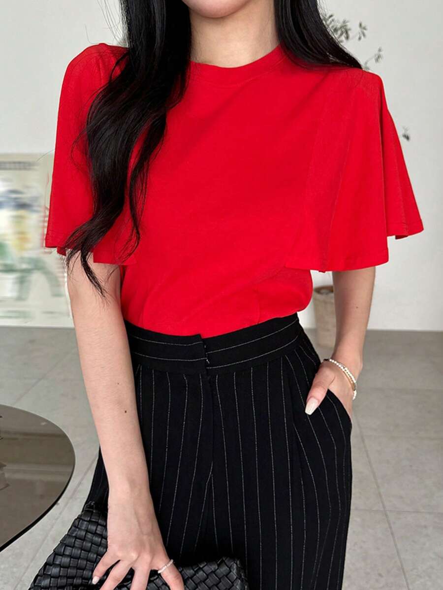 DAZY 女士圆领蝙蝠袖荷叶边宽松休闲红色短袖T恤，夏季 - 紅色 - 查看 1