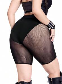 Whyspr 女式加大码纯色高腰网眼拼接性感短裤 - 黑色 - 查看 3