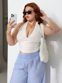 SHEIN EZwear 加大码纯色露背无袖吊带背心和条纹印花松紧腰裤两件套 - 白色 - 查看 7