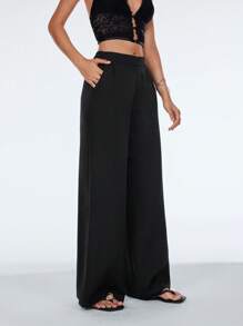 SHEIN TRNDY Quần thiết kế cạp bất đối xứng thường ngày đi làm - màu đen - Xem 5