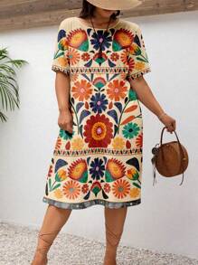 EMERY ROSE Plus Size Women's Vintage Floral Print Casual Dress Resort Wear Ladies Summer Clothing Suitable For Going Out Chic Dress